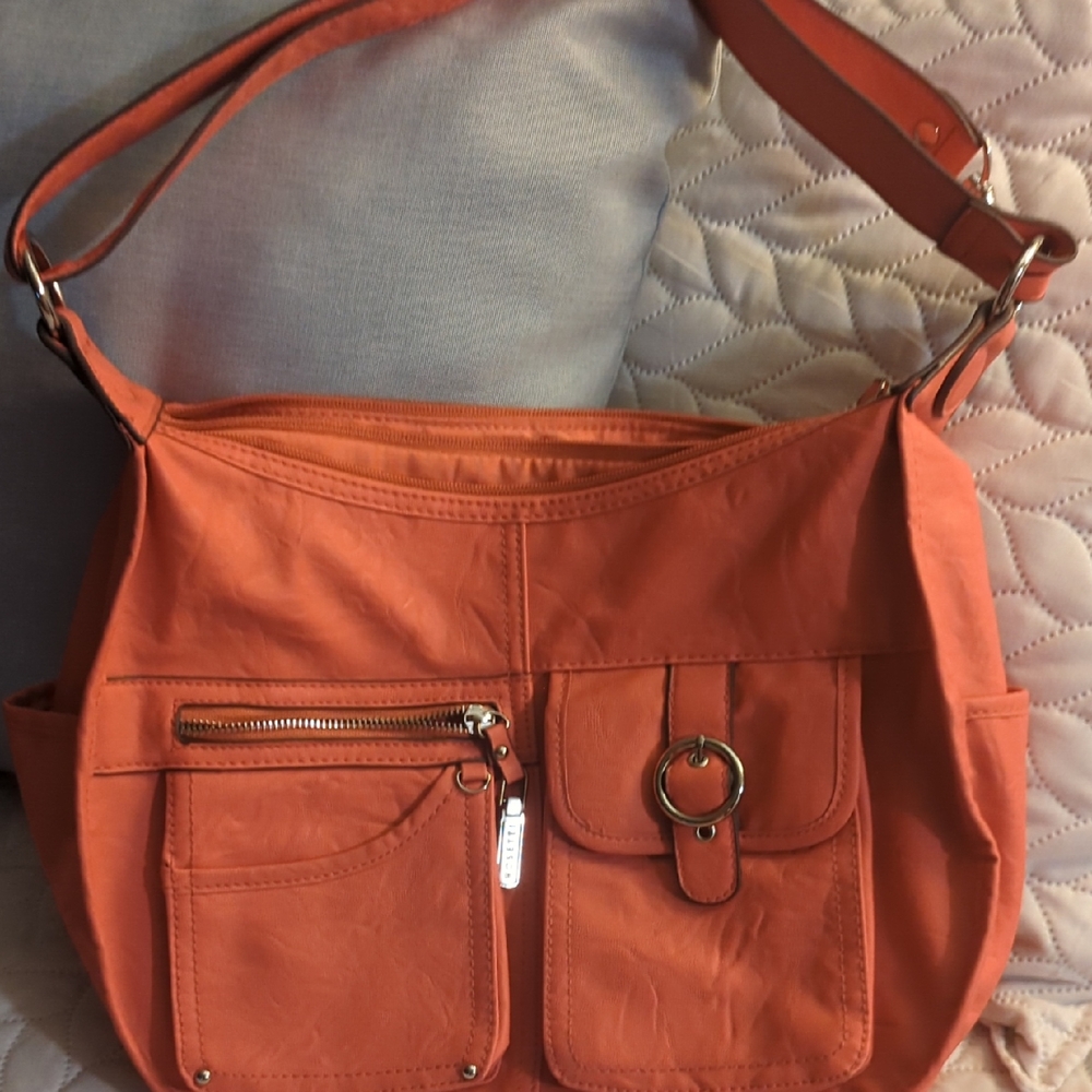 Rosetti Coral-Orange Shoulder Bag with Front Pockets and Ring Detail